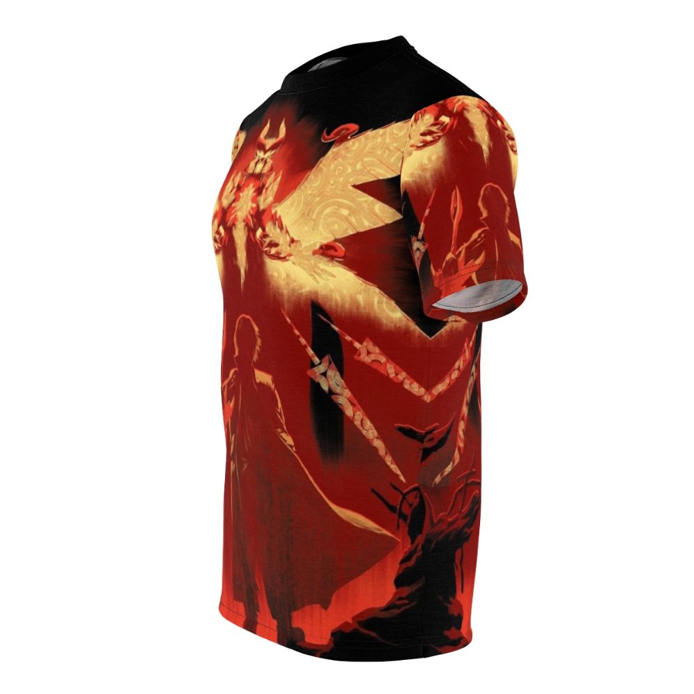 A stylish red t-shirt featuring a devil hunter character with a fire sword - men left