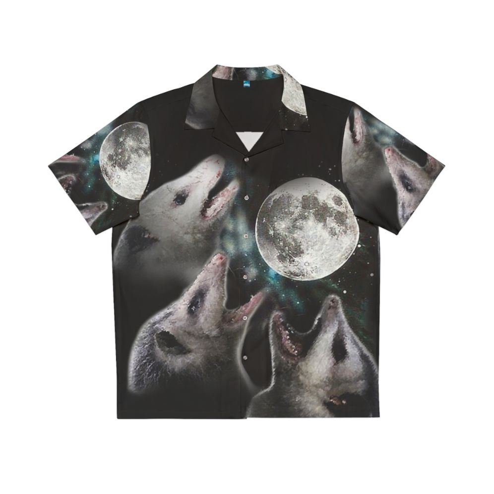 Possum Moon Hawaiian Shirt featuring a howling wolf design in a space-themed pattern