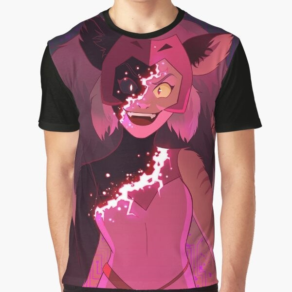 Graphic t-shirt design featuring glitched Catra and Adora from the She-Ra animated series