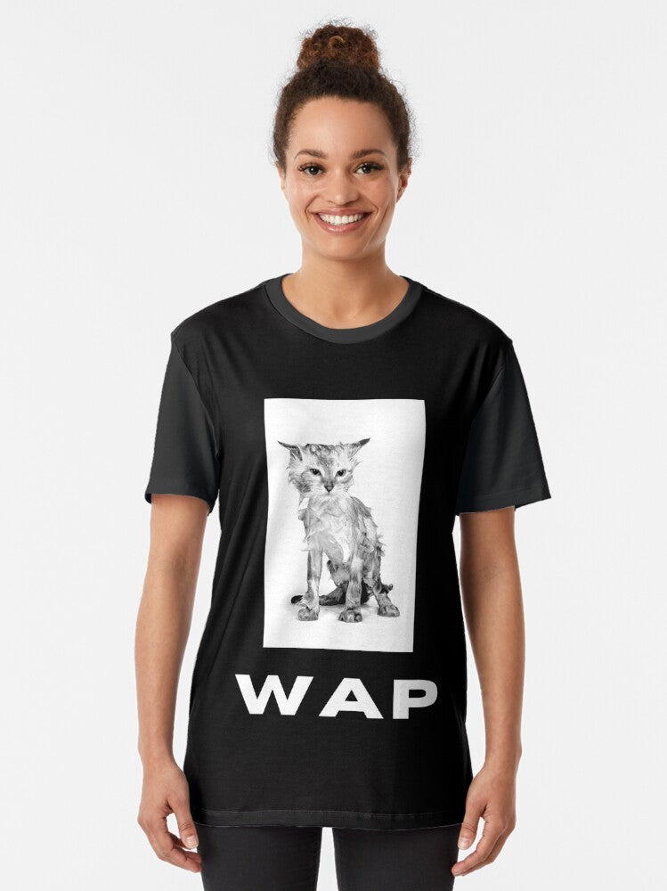 Funny graphic t-shirt featuring a wet cat with the text "WAP" - Women