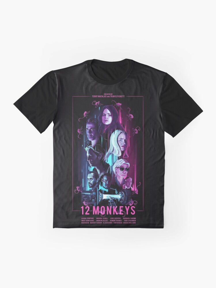 12 Monkeys graphic t-shirt featuring key characters from the sci-fi TV show - Flat lay