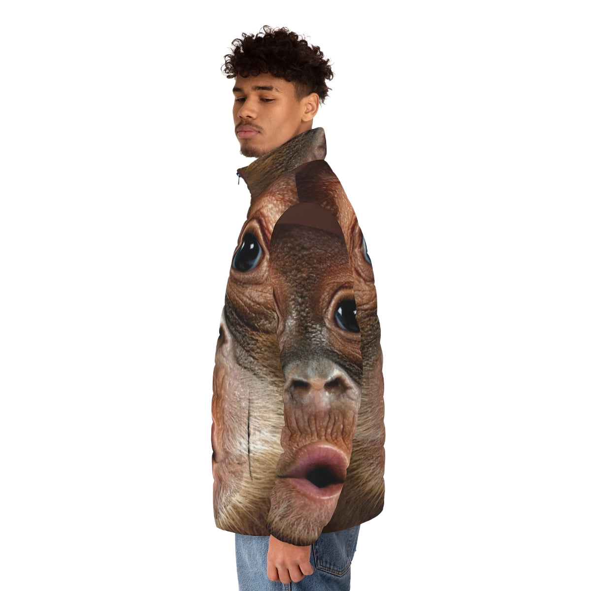 Puffer jacket featuring a hyper realistic baby orangutan monkey print design - men side left