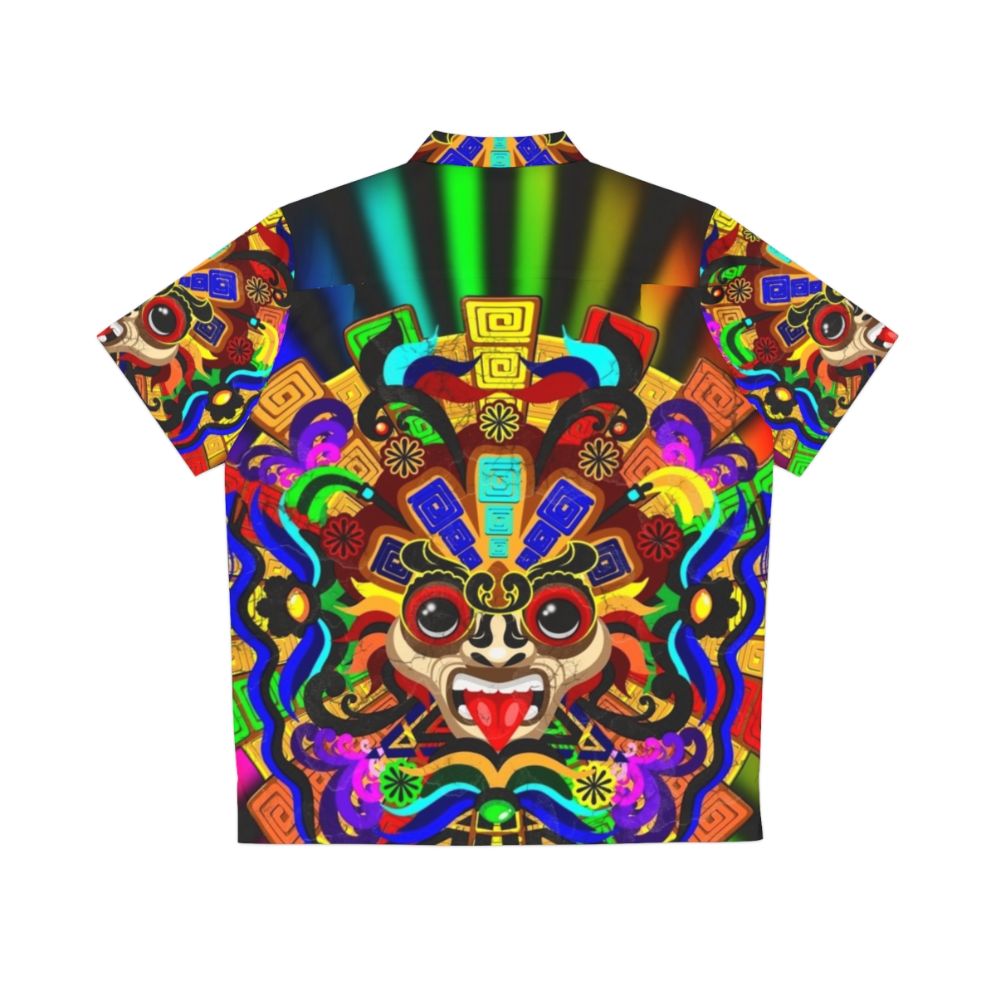 Colorful Aztec warrior mask print on a Hawaiian style shirt - Back