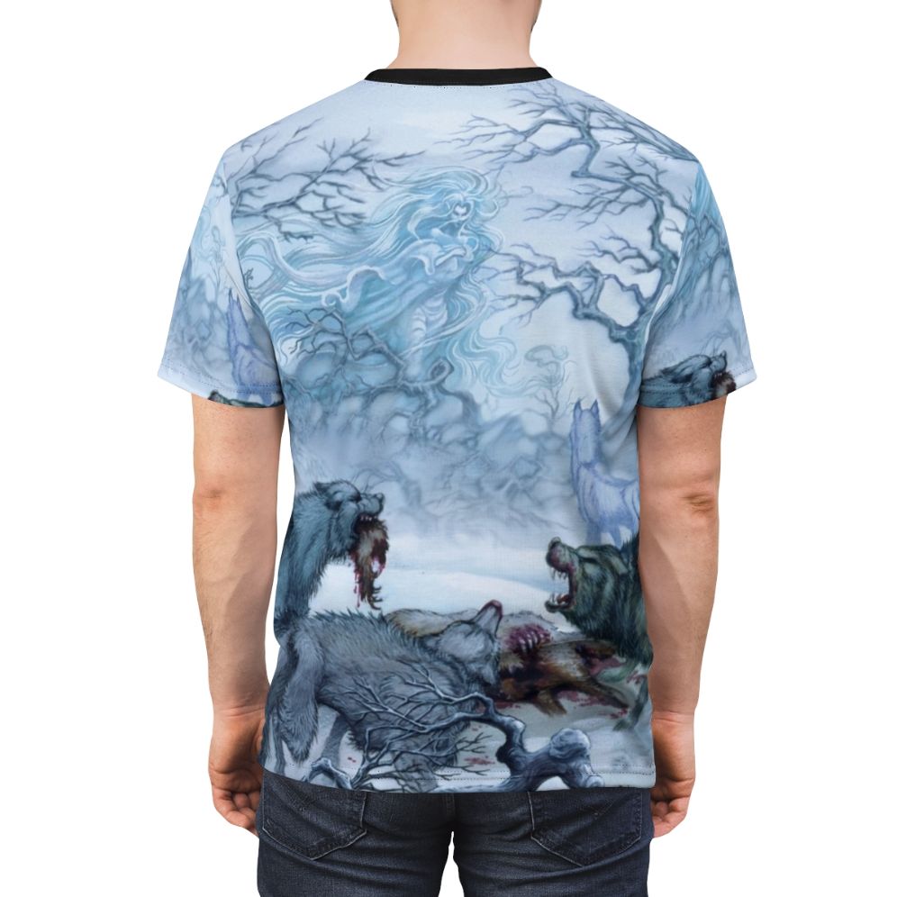 Enchanting fantasy art design featuring the wolf mother Timmain from the Elfquest series on a t-shirt. - men back