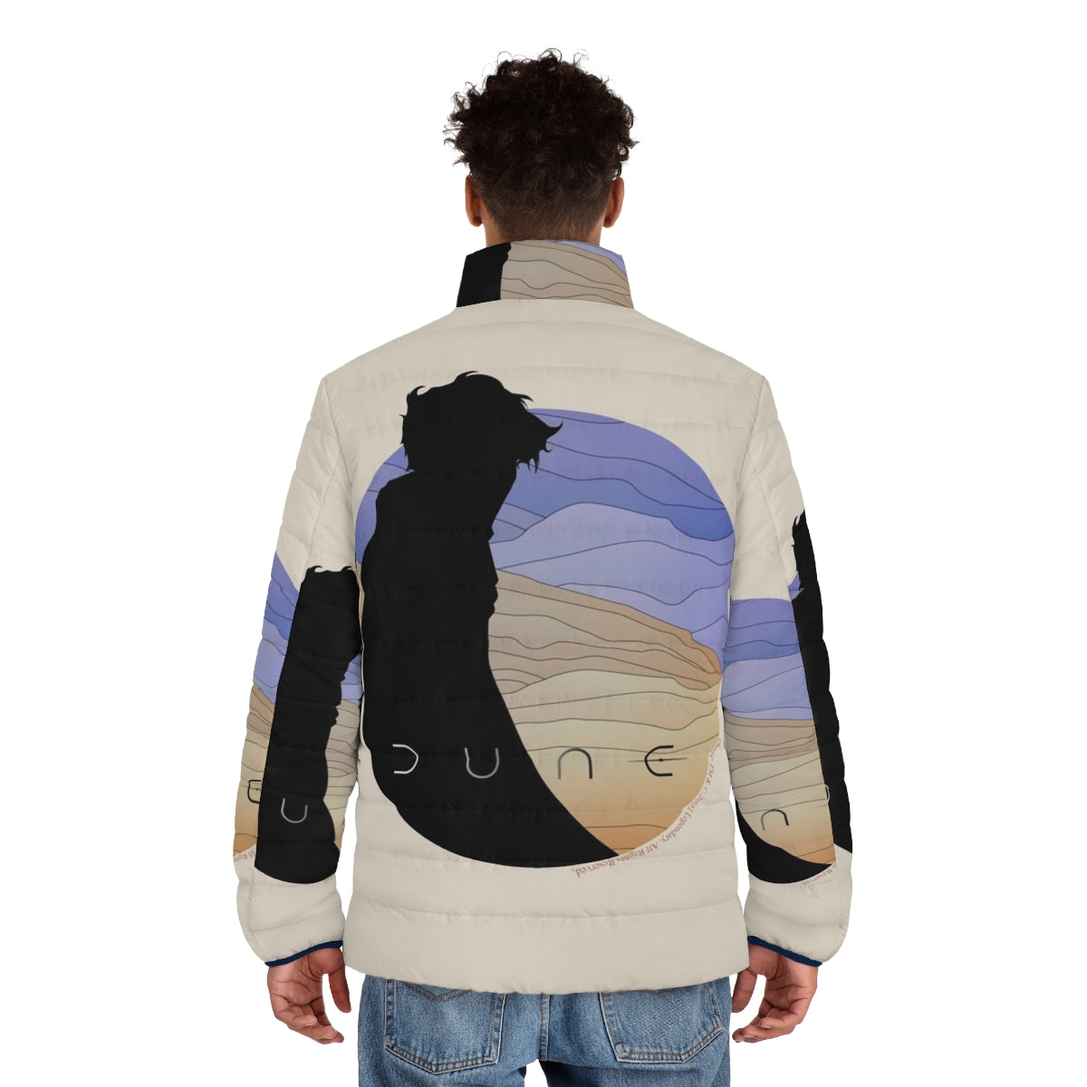 Dune-inspired puffer jacket featuring the iconic Paul Atreides character - men back