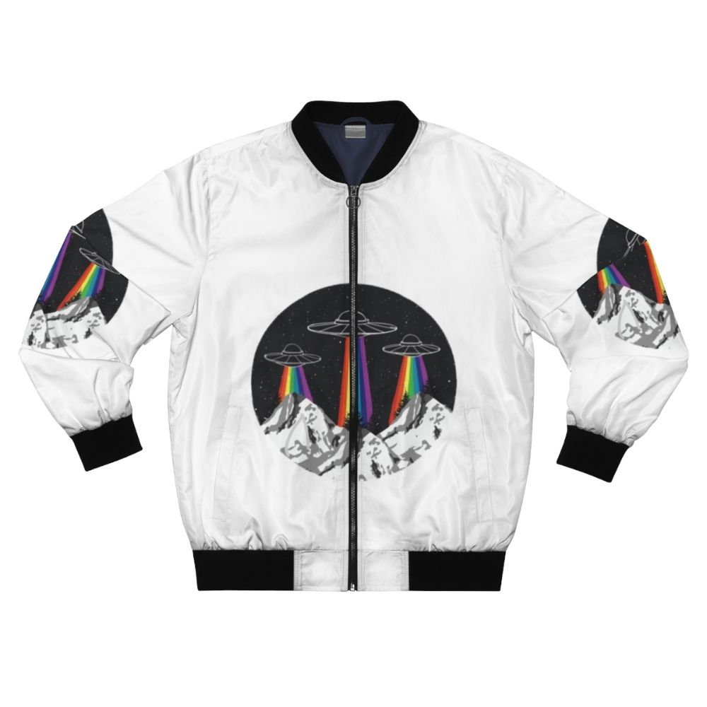 Colorful bomber jacket with a design featuring rainbow-colored mountains, a spaceship, and alien figures.