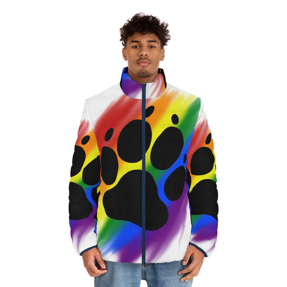 Colorful rainbow puffer jacket with dog paw print design - men front