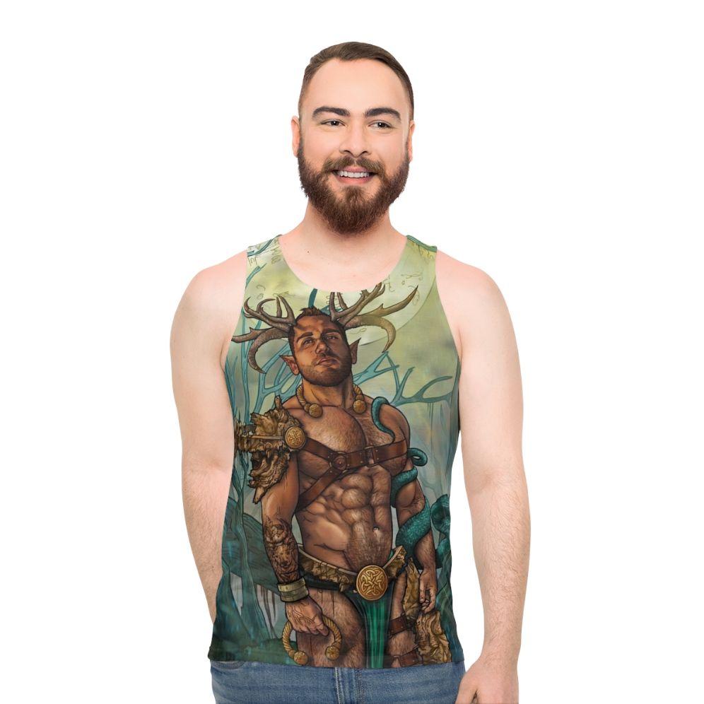 Unisex Cernunnos tank top with pagan mythology inspired satyr design - men