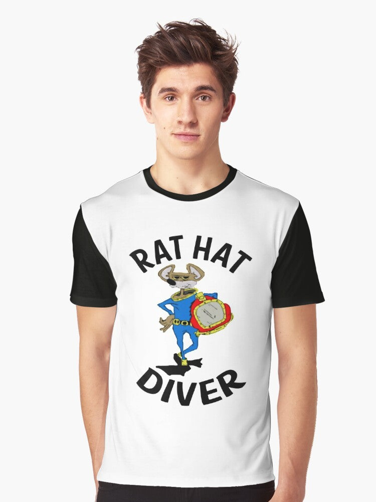 A vintage-style graphic t-shirt featuring a cartoon rat wearing a diving helmet while exploring the ocean. - Men