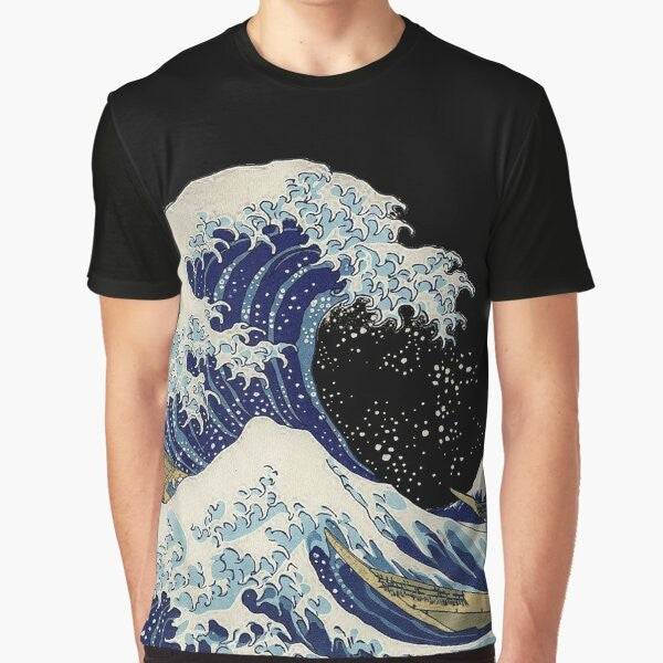 Graphic t-shirt featuring the iconic "The Great Wave off Kanagawa" artwork by the Japanese artist Hokusai