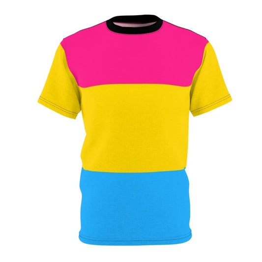 Colorful pansexual pride flag design on a white t-shirt