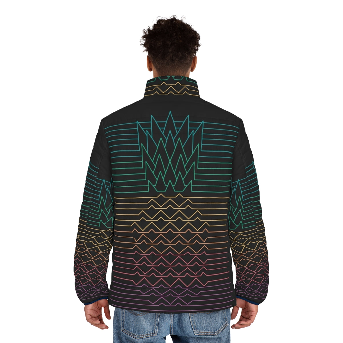 Hala Kahiki puffer jacket with minimalist tropical and synth-inspired graphic design - men back