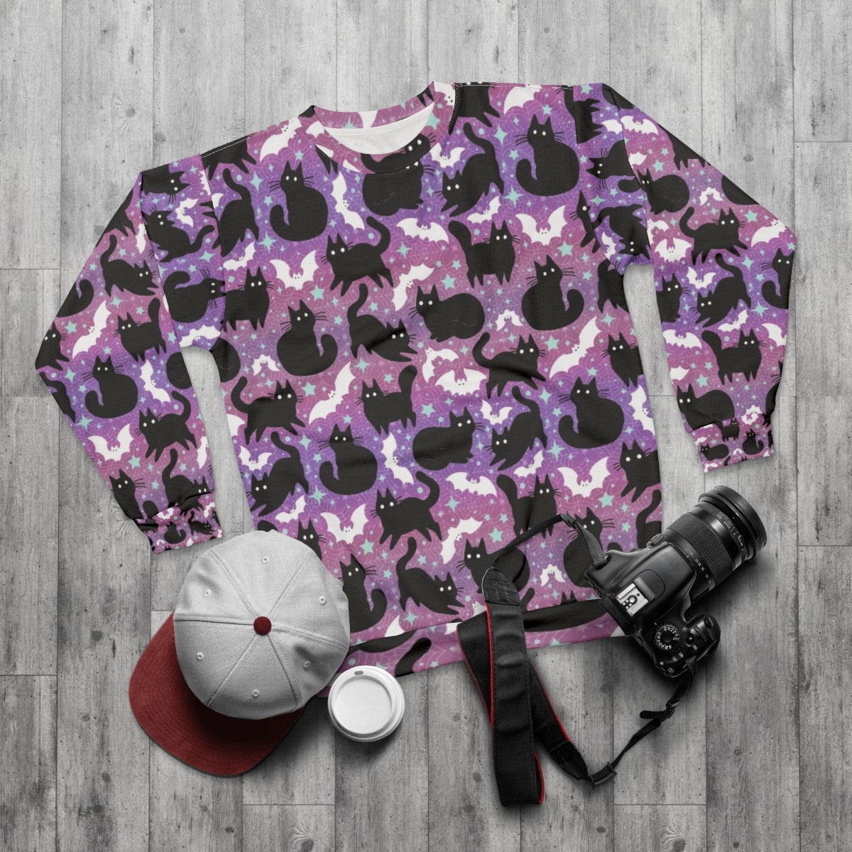 Pastel Halloween Black Cats Spooky Cute Sweatshirt - flat lay