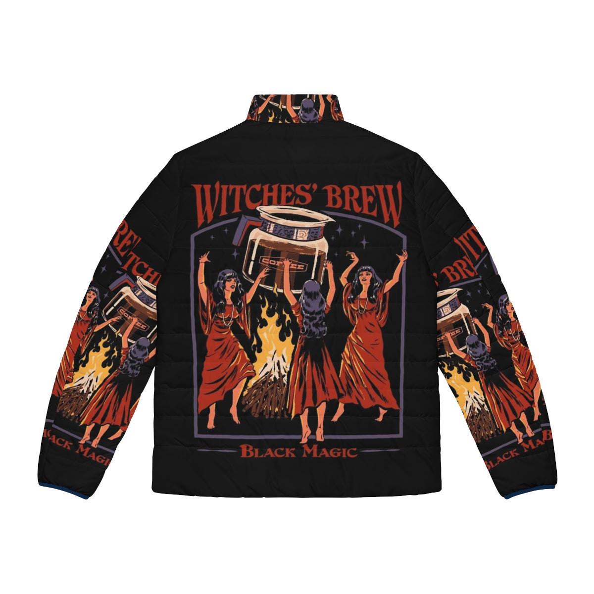 Retro Witches Brew Puffer Jacket featuring a vintage, horror-inspired design with a caffeine-fueled, occult-inspired aesthetic. - Back