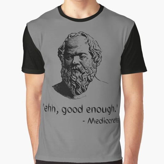 A graphic t-shirt featuring the text "Mediocretes Philosophy" in a vintage-inspired design, representing the philosophy of Socrates and ancient Greek thinkers.