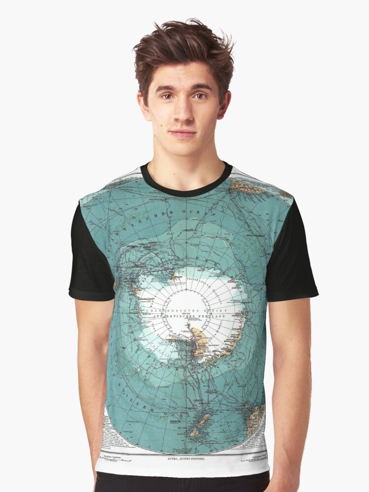 Vintage Antarctica map graphic printed on a t-shirt, featuring a classic, retro design of the Antarctic continent. - Men