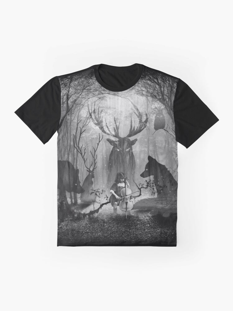 Magical forest scene with cello, fox, wolf, and deer graphic on a t-shirt - Flat lay