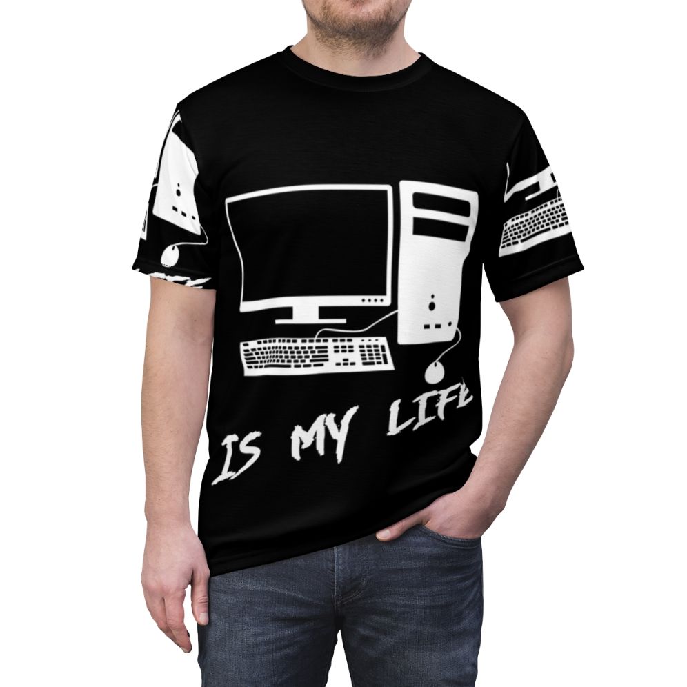 Model wearing a high-quality computer technology t-shirt - men front