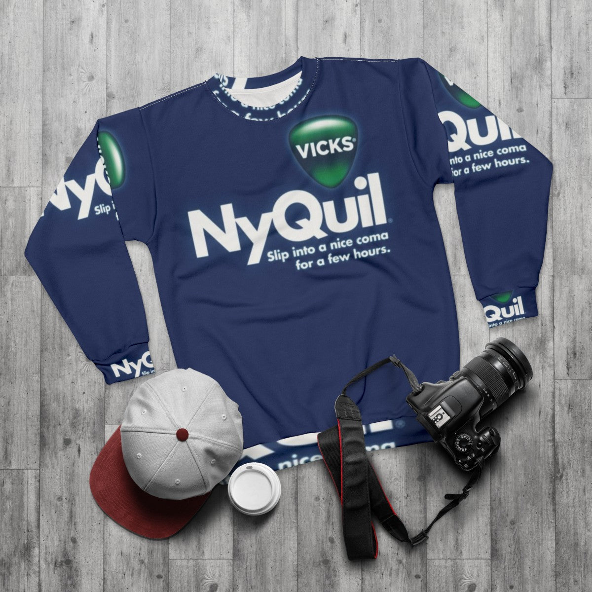 Nyquil Sweatshirt with Honest Slogans - flat lay