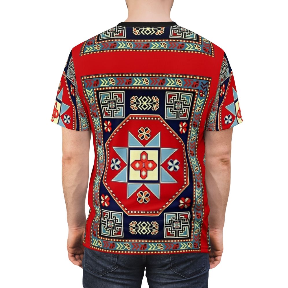 A t-shirt featuring a vibrant design inspired by traditional Armenian folk art - men back