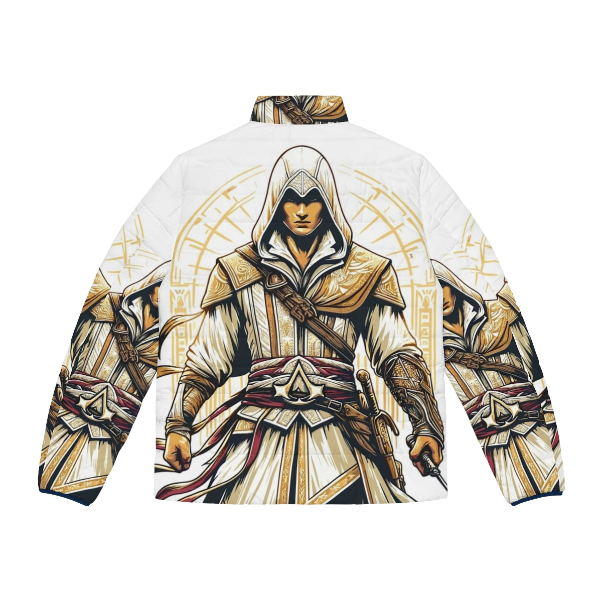 Assassin's Creed inspired puffer jacket with bright colors and historical motifs - Back