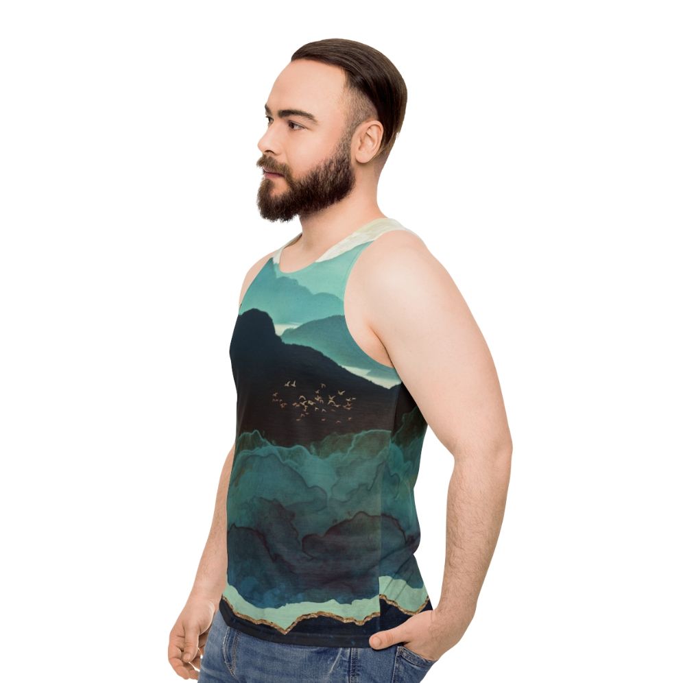 Unisex watercolor tank top with mountain landscape design - men side