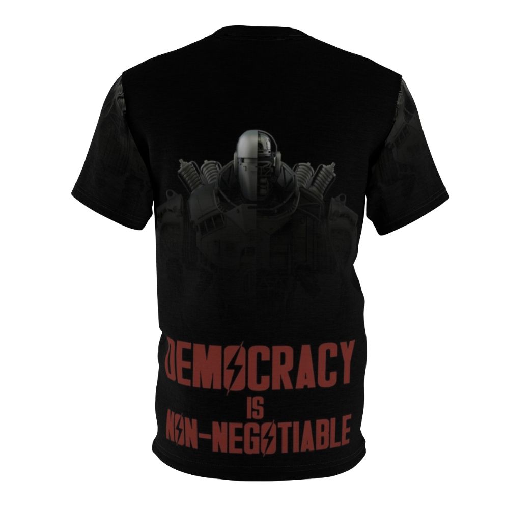 Fallout Liberty Prime AOP T-shirt featuring the iconic robot character from the Fallout video game series. - Back