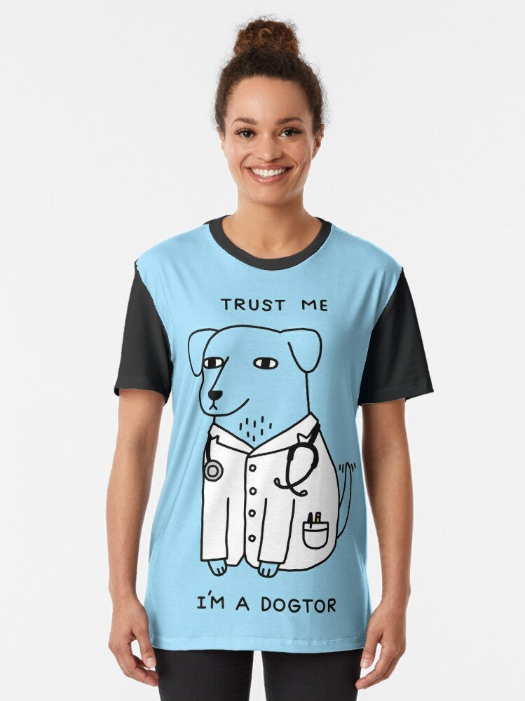 Graphic t-shirt with a dog wearing a stethoscope and the text "Dogtor" - Women