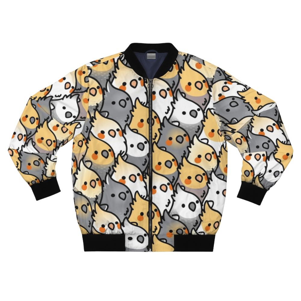 A colorful bomber jacket featuring a repeating pattern of cute cockatiels in shades of white, grey, and orange.