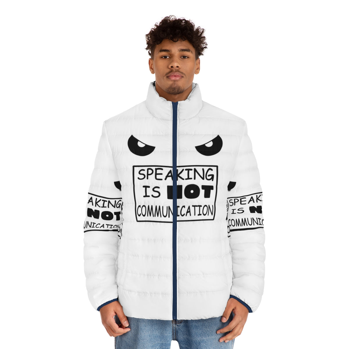 A stylish puffer jacket featuring an anime-inspired graphic design with the text "Speaking Is Not Communication". - men front