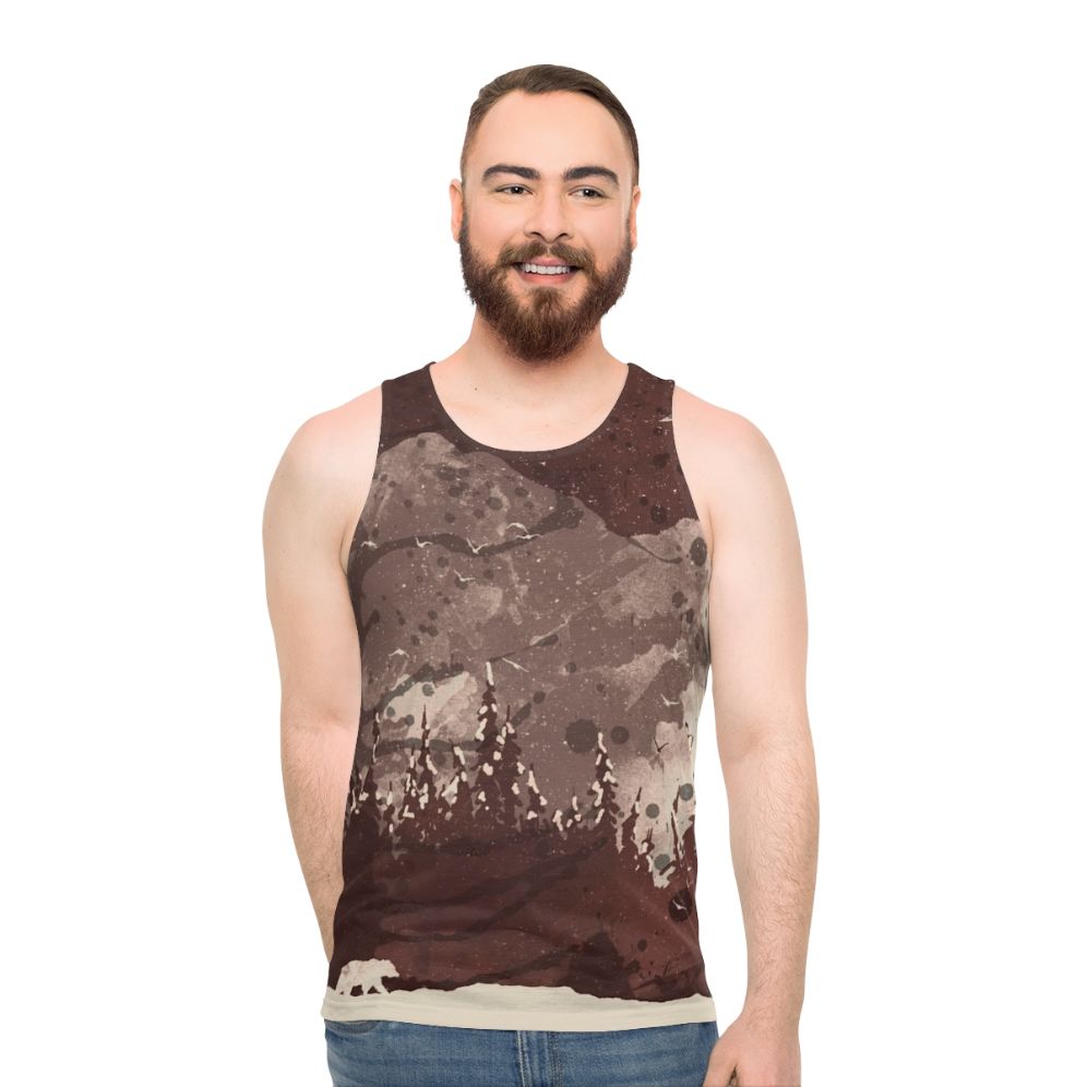 Unisex tank top with a bear design in a winter landscape - men