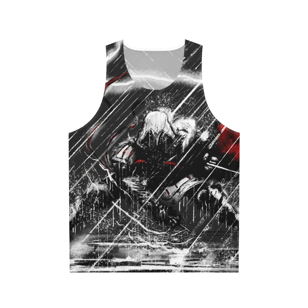 Assassin's Creed inspired unisex tank top with comic book style thunder design