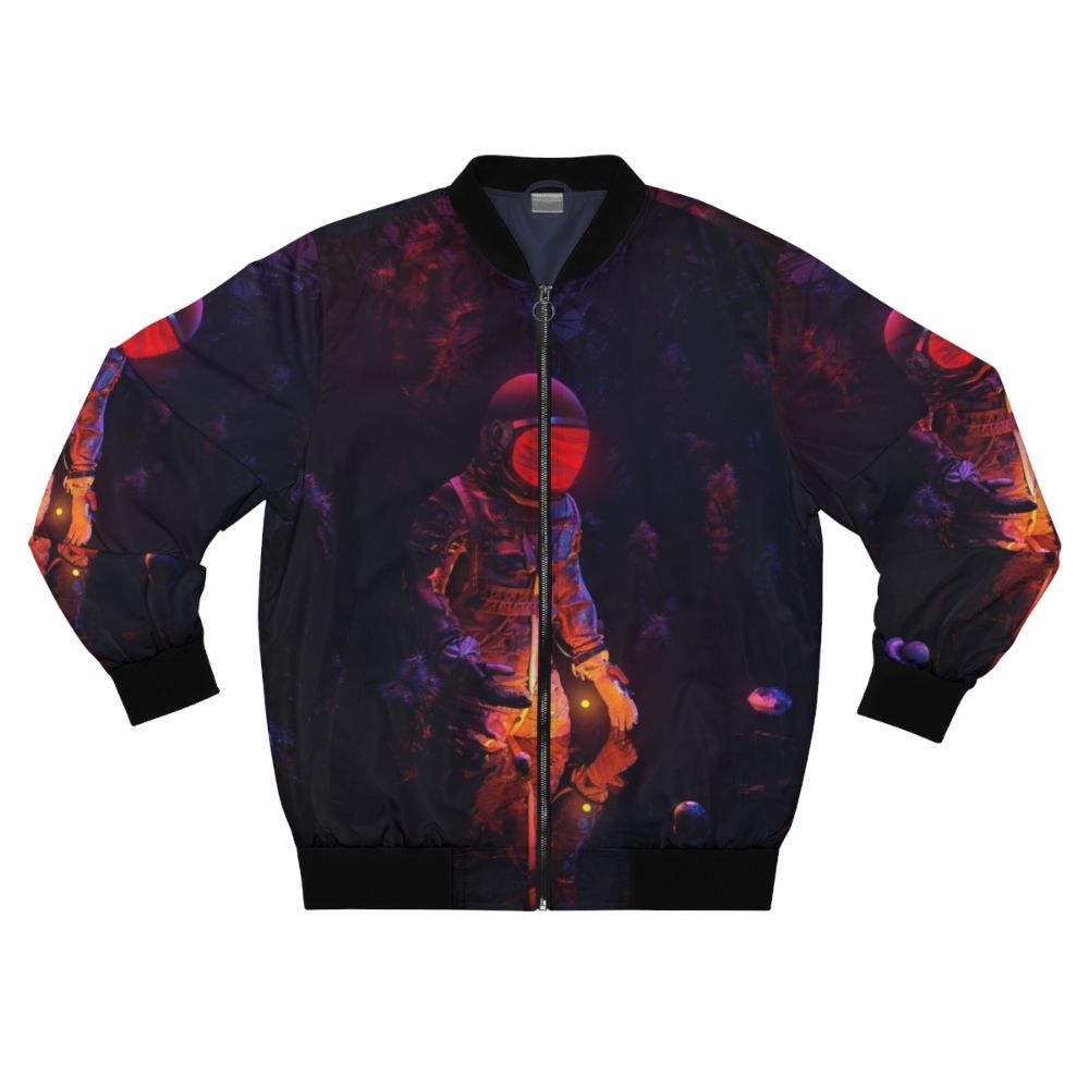 Stellar bomber jacket with cosmic, surreal design featuring planets, stars, and sun