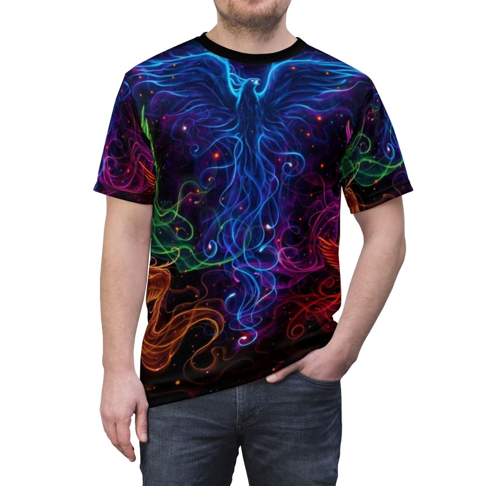 Artistic t-shirt design featuring a sky full of phoenix birds in a rainbow color scheme - men front