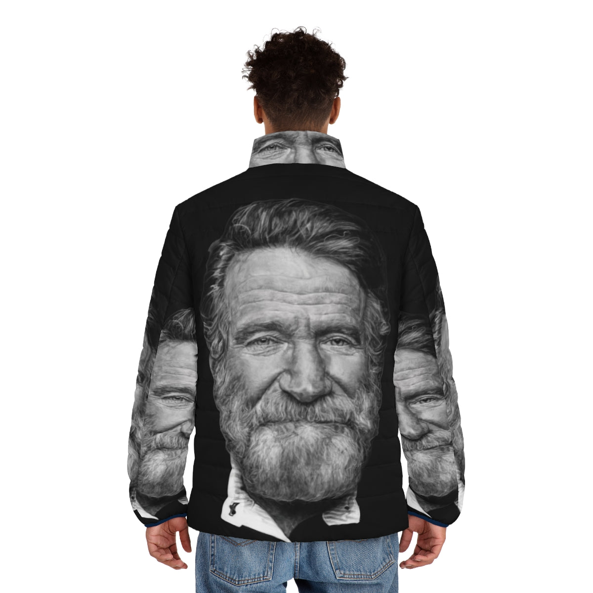 A puffer jacket featuring a portrait of the iconic actor and comedian Robin Williams. - men back