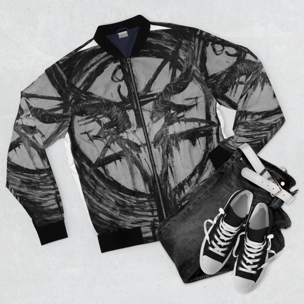 Baphomet abstract art design on a bomber jacket - Flat lay