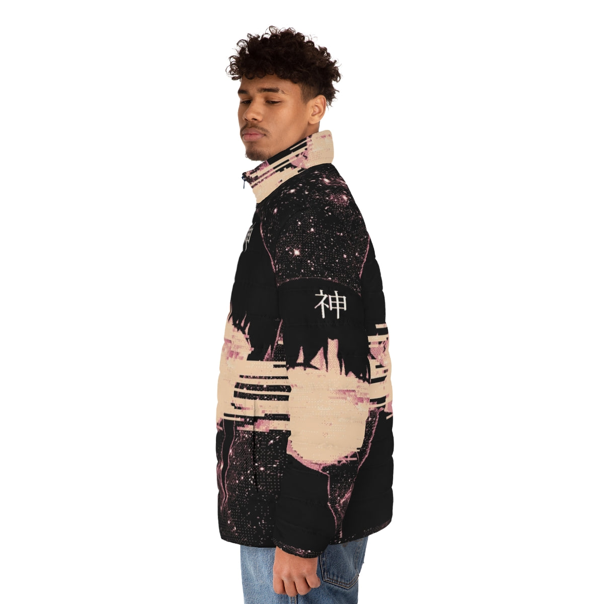 Wired God Futuristic Puffer Jacket with space, stars, and glitch art design - men side left