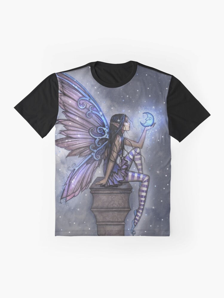 Graphic T-Shirt featuring a fairy design with a blue moon, stars, and celestial elements by artist Molly Harrison - Flat lay