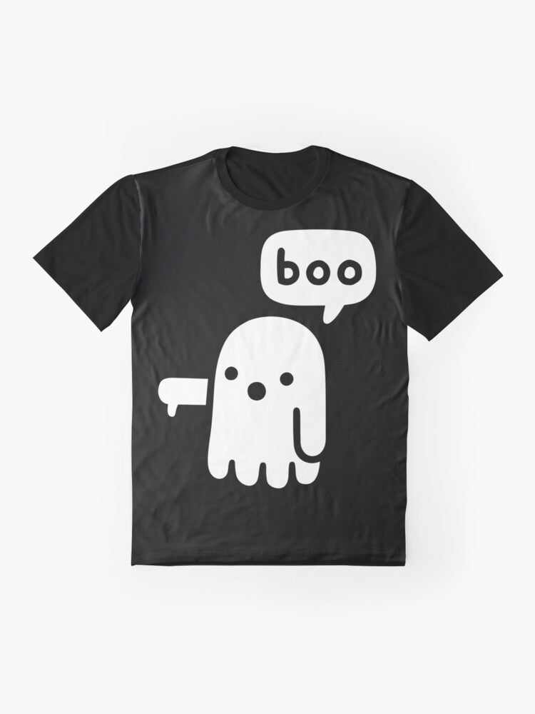 Ghostly Disapproval Graphic T-Shirt with a spirit wearing a sheet and giving a thumbs down - Flat lay