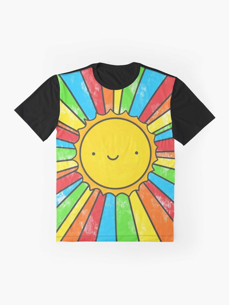 Radiate Positivity graphic t-shirt featuring a colorful design with a smiling sun, rainbows, and positive quotes. - Flat lay