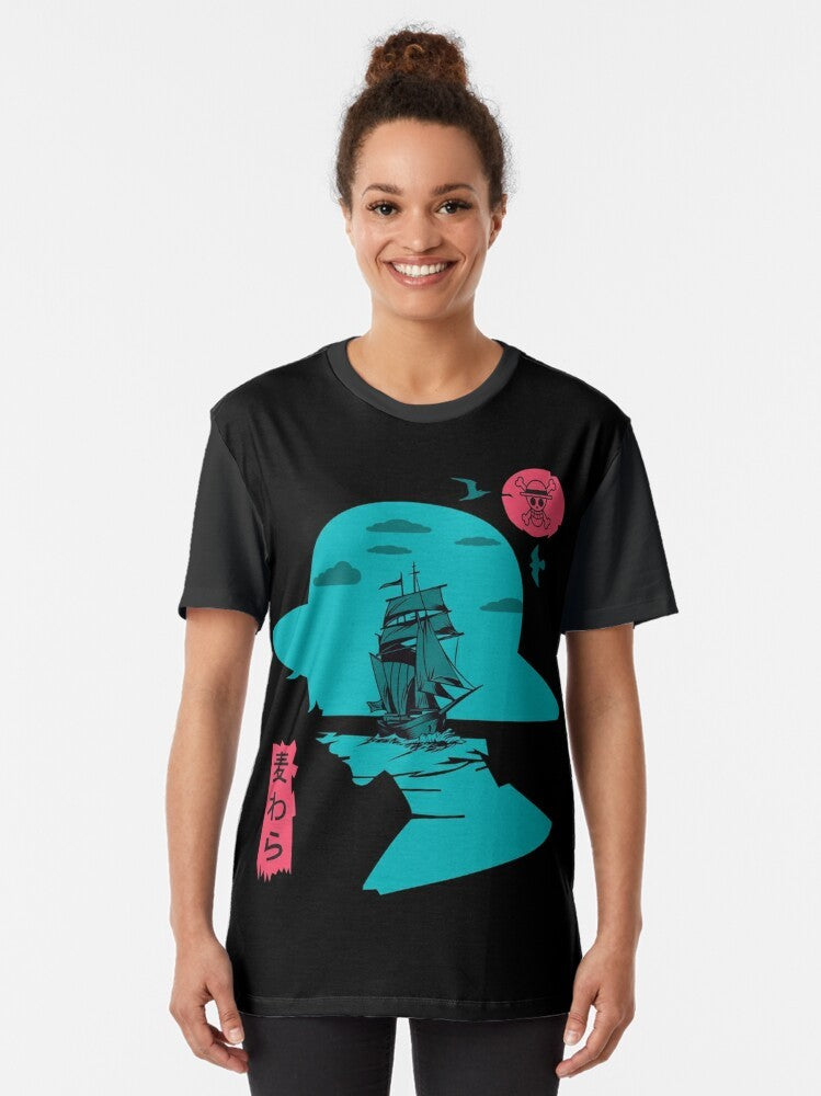 Monkey D. Luffy, the main character from the One Piece anime and manga series, featured on a stylish graphic t-shirt. - Women