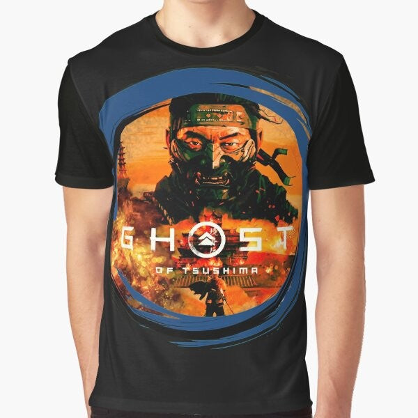 A stylized graphic t-shirt featuring the ghost of tsushima, samurai, ninjas, and Japanese art.