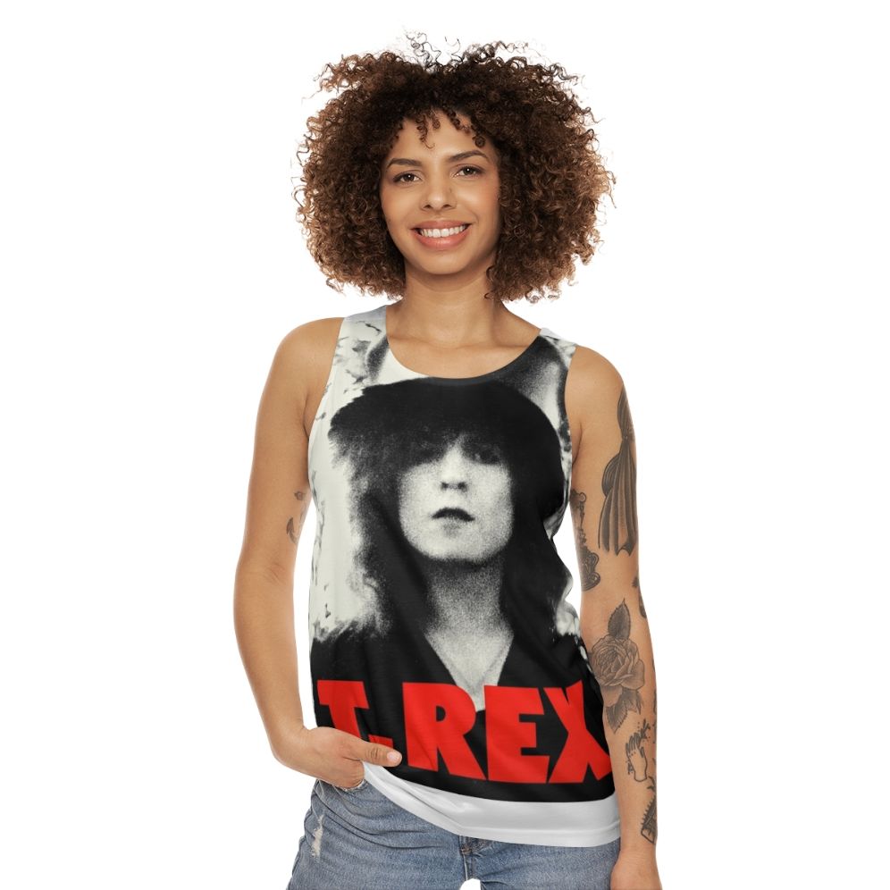 T-Rex Unisex Tank Top featuring the iconic dinosaur design - women