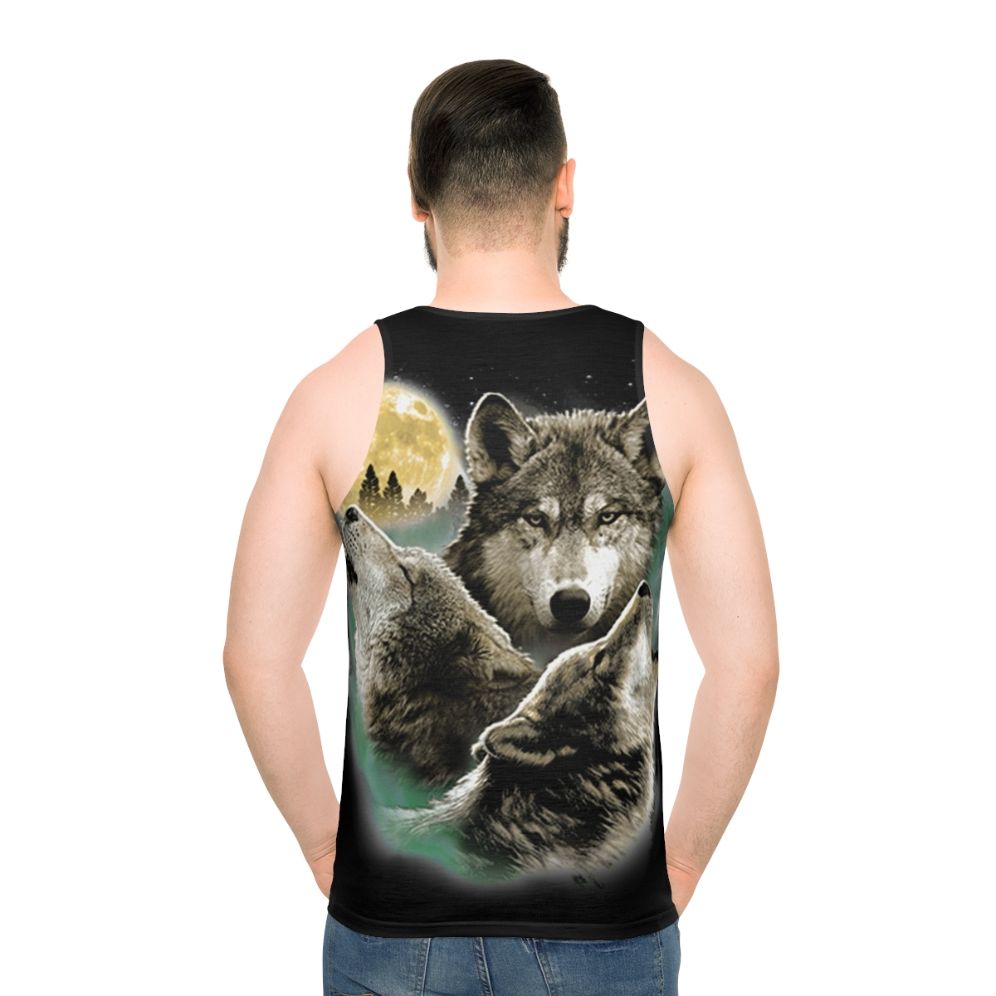 Unisex tank top with three wolves howling at the full moon in the wilderness - men back