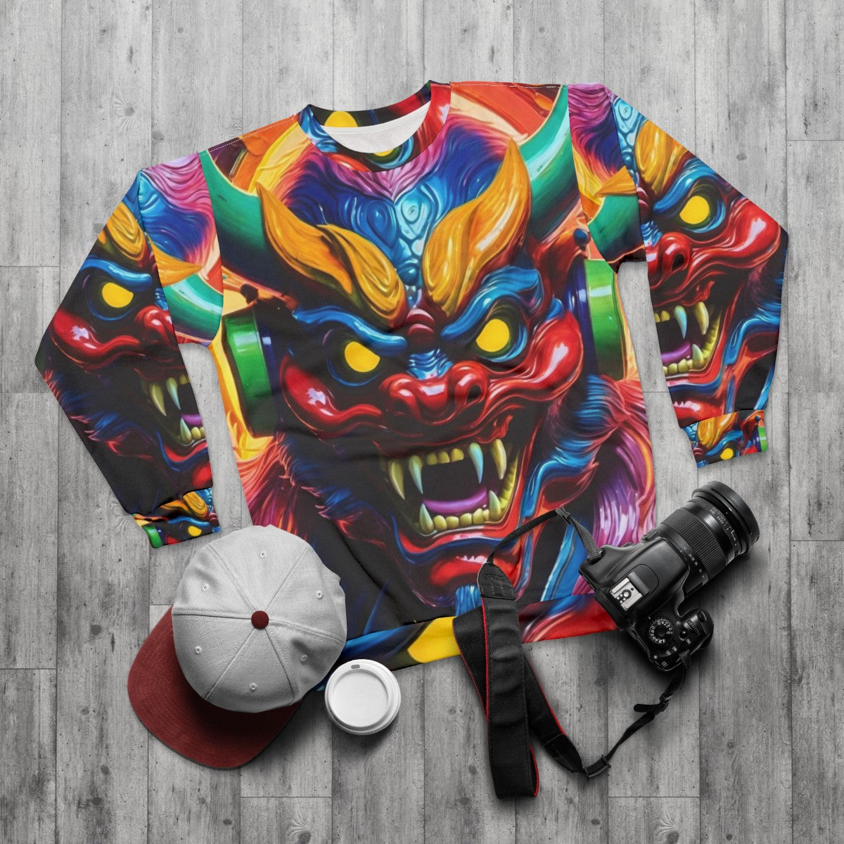 Hannya mask japanese tattoo design on sweatshirt - flat lay