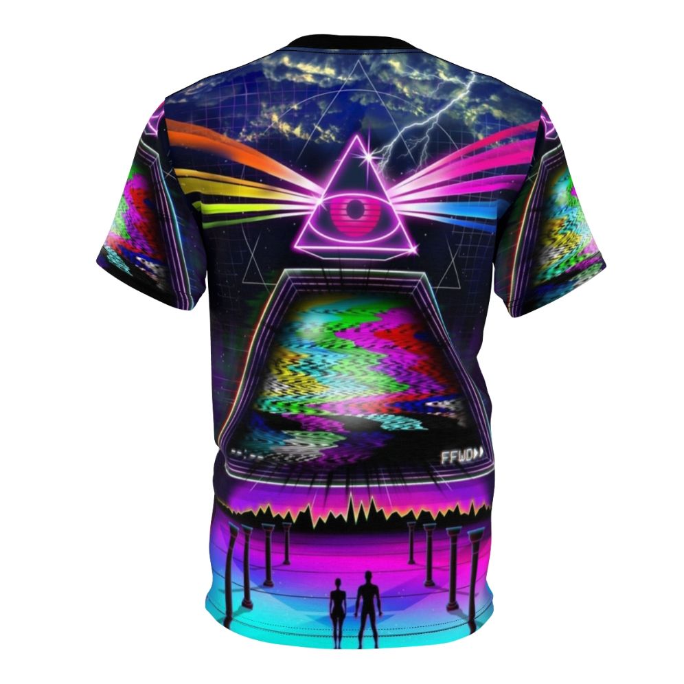 Retro glitch 80s t-shirt with cyberpunk style design featuring static, VHS, and retro elements. - Back