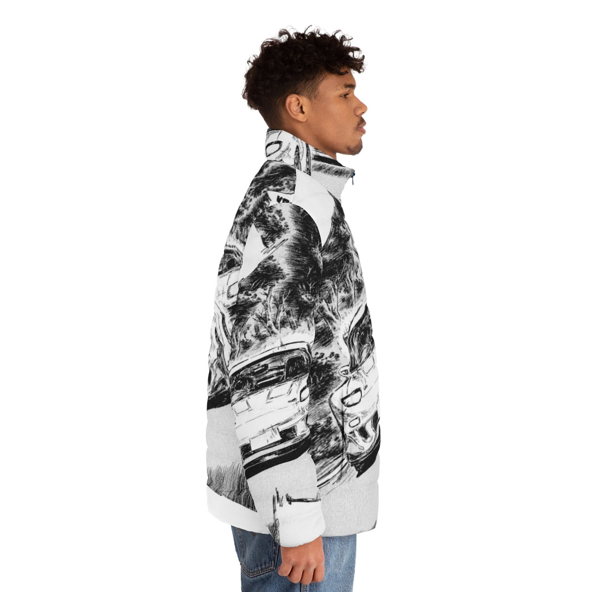 Initial D Rx7 vs Supra V2 Puffer Jacket featuring iconic anime and automotive graphics - men side right