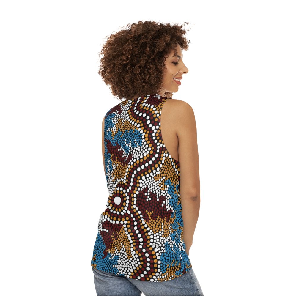 Unisex Tank Top with Aboriginal Art Depicting Wetland Dreaming - women back