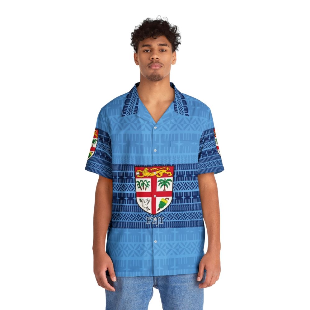 Blue Fiji Flag Masi Tapa Hawaiian Shirt - People Front