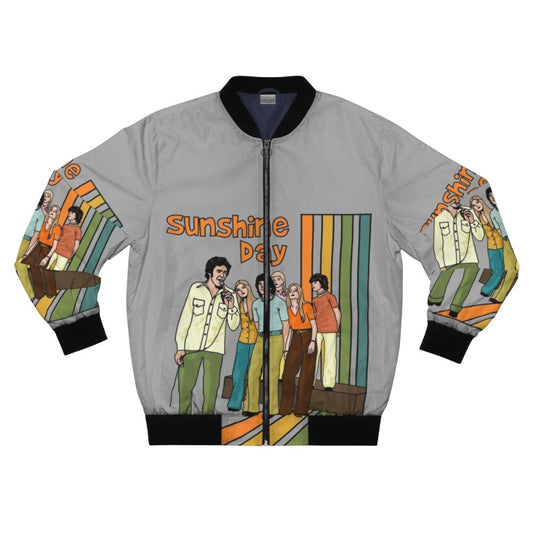 Retro Sunshine Day Bomber Jacket featuring iconic Brady Bunch characters and references